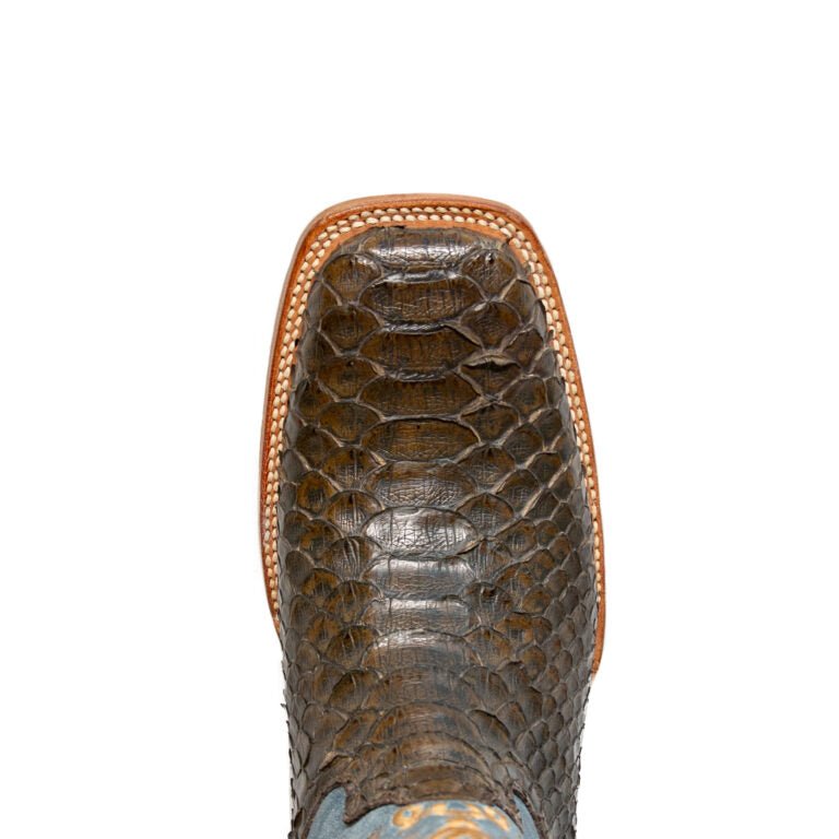 TANNER MARK MEN'S EXOTIC LEATHER Matte Python Brown Western Boots With Montana Blue Top - Rancho Sementalvariable