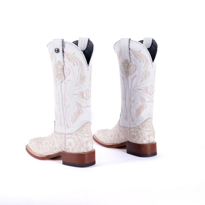 TANNER MARK WOMEN’S Jungle Handtooled Pearl & White Cowgirl Boots With Montana Ice Top - Rancho Sementalvariable