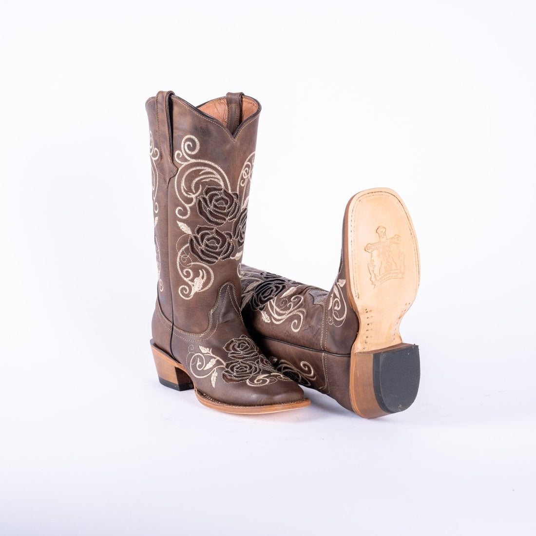 TANNER MARK WOMEN’S Nobuck Choco Cowgirl Boots With Triple Rose Inlay Top - Rancho Sementalvariable
