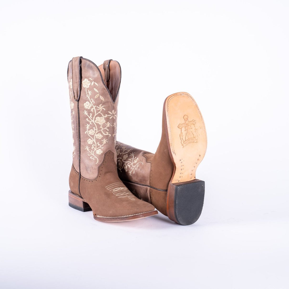 TANNER MARK WOMEN’S Turn - in Crazy Brown Cowgirl Boots With Floral Embroidery Top - Rancho Sementalvariable