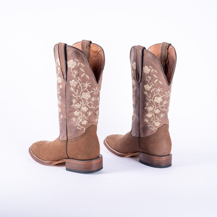 TANNER MARK WOMEN’S Turn - in Crazy Brown Cowgirl Boots With Floral Embroidery Top - Rancho Sementalvariable