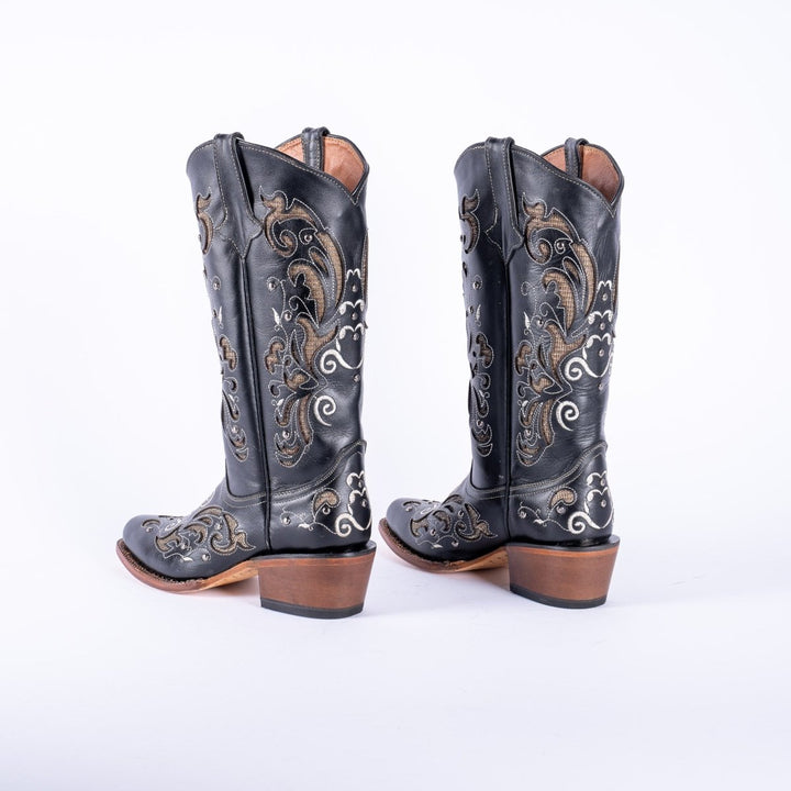 TANNER MARK WOMEN’S Venice Black Classic Black Cowgirl Boots With Gold Sparkle Inlay Top - Rancho Sementalvariable