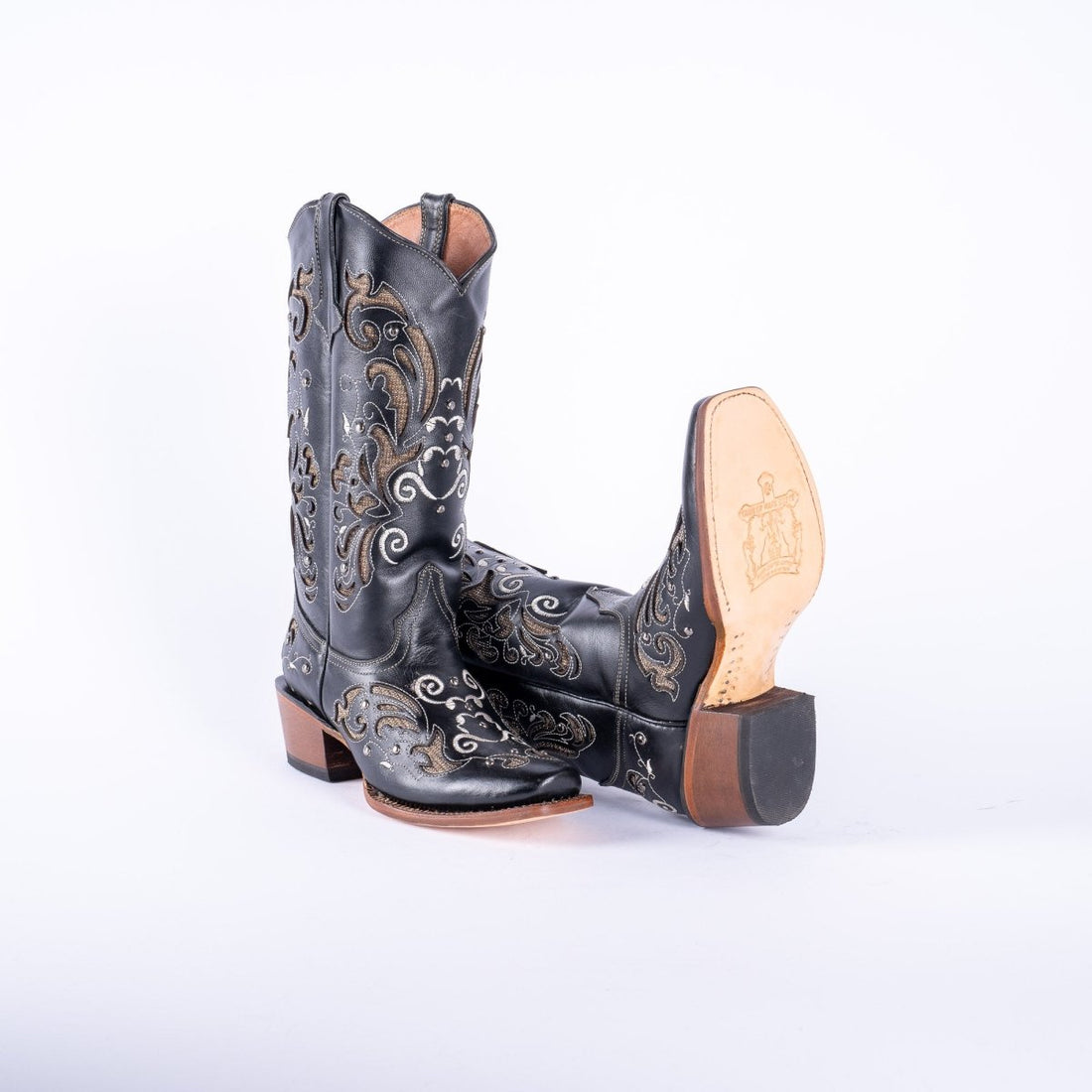 TANNER MARK WOMEN’S Venice Black Classic Black Cowgirl Boots With Gold Sparkle Inlay Top - Rancho Sementalvariable