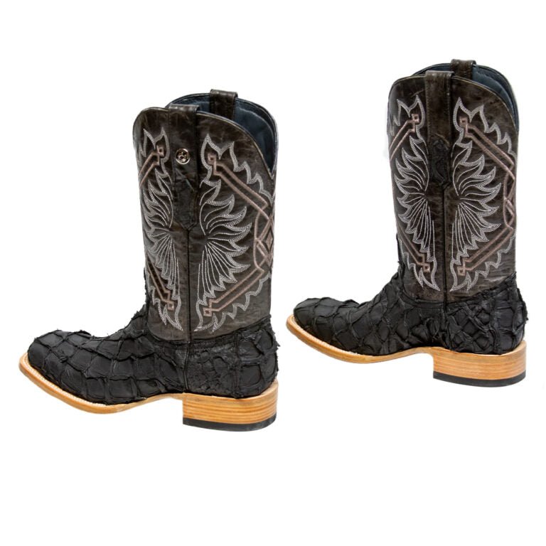 TANNER MARK MEN'S EXOTIC LEATHER Matte Monster Fish Black Western Boots With Oklahoma Black Top - Rancho Sementalvariable