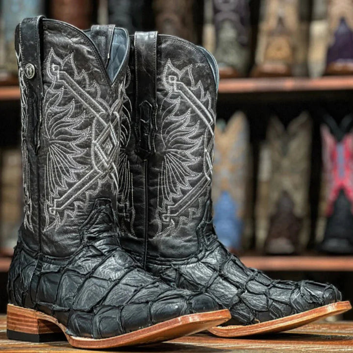TANNER MARK MEN'S EXOTIC LEATHER Matte Monster Fish Black Western Boots With Oklahoma Black Top - Rancho Sementalvariable