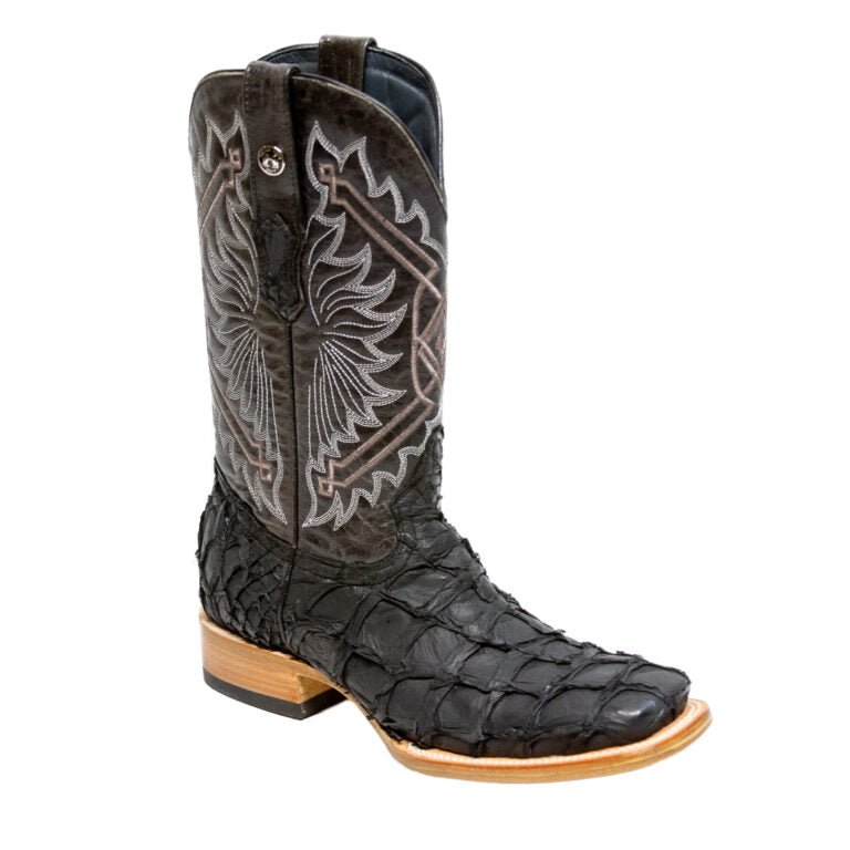 TANNER MARK MEN'S EXOTIC LEATHER Matte Monster Fish Black Western Boots With Oklahoma Black Top - Rancho Sementalvariable