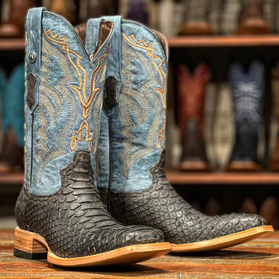 TANNER MARK MEN'S EXOTIC LEATHER Matte Python Brown Western Boots With Montana Blue Top - Rancho Sementalvariable