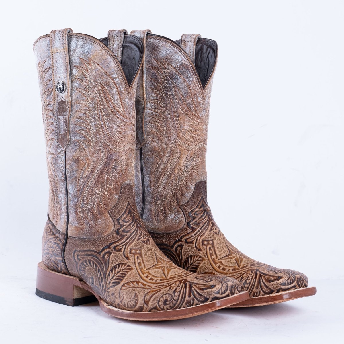 TANNER MARK MEN'S HandTooled Horseshoe Mocha Western Boots - Rancho Sementalvariable