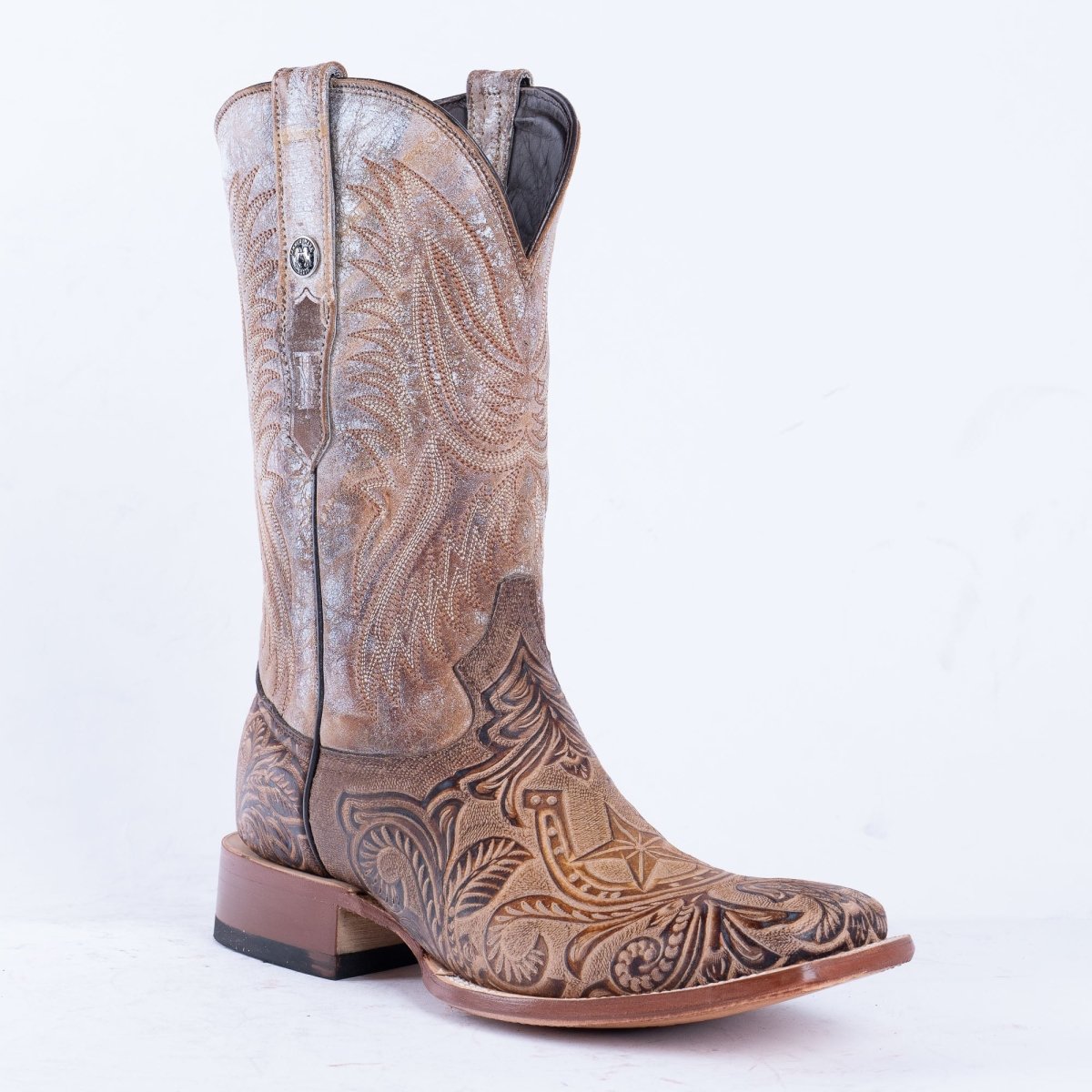TANNER MARK MEN'S HandTooled Horseshoe Mocha Western Boots - Rancho Sementalvariable