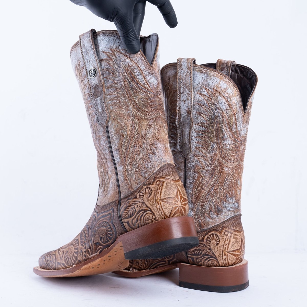 TANNER MARK MEN'S HandTooled Horseshoe Mocha Western Boots - Rancho Sementalvariable