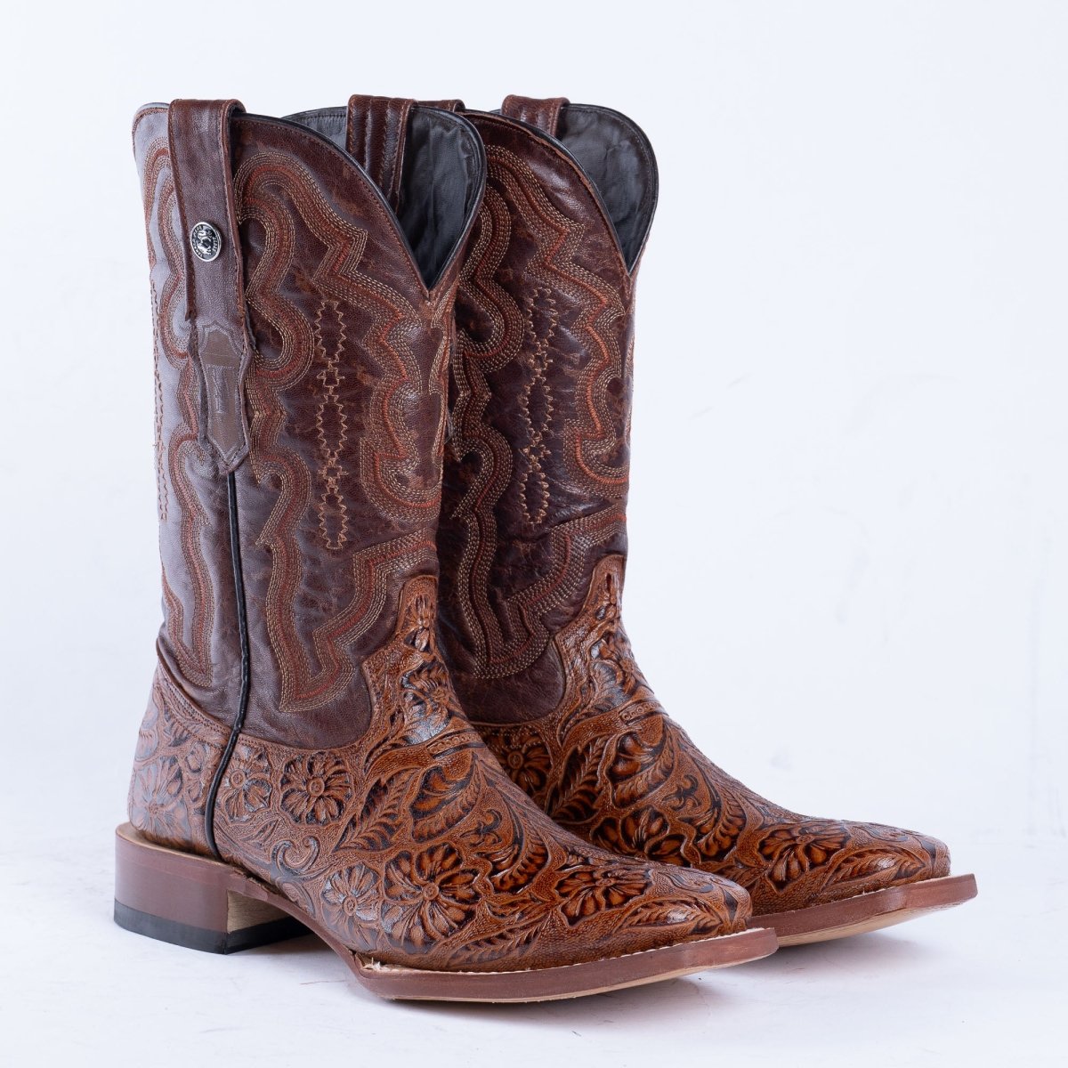 TANNER MARK MEN'S HandTooled Print Cognac Western Boots - Rancho Sementalvariable