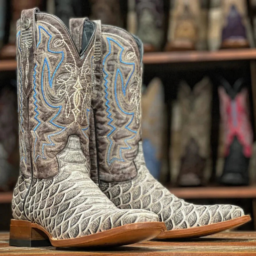 TANNER MARK MEN’S Python Jumbo Print Natural Western Boots Whit Toscana Blue Top - Rancho Sementalvariable