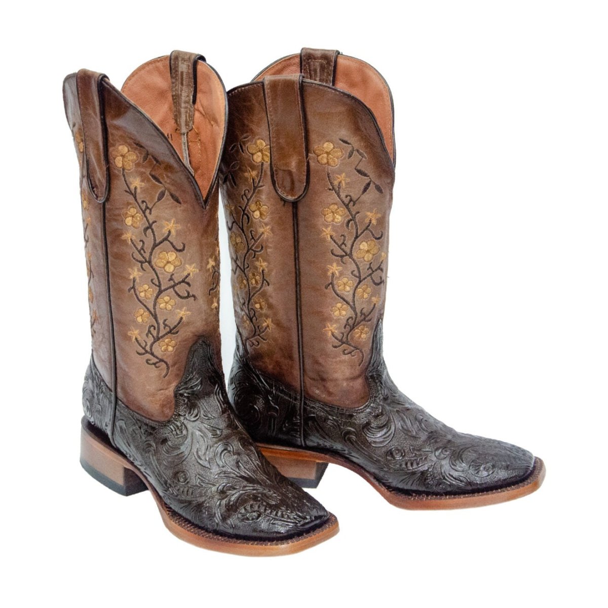 TANNER MARK WOMEN’S Barbara Hand Tool Burnished Brown Cowgirl Boots Whit Floral Embroidery Top - Rancho Sementalvariable