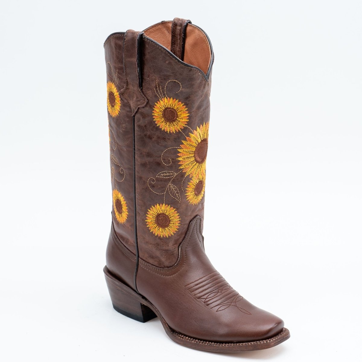 TANNER MARK WOMEN’S Cedar Park Vintage Brown Cowgirl Boots Whit Sunflower Embroidery Top - Rancho Sementalvariable