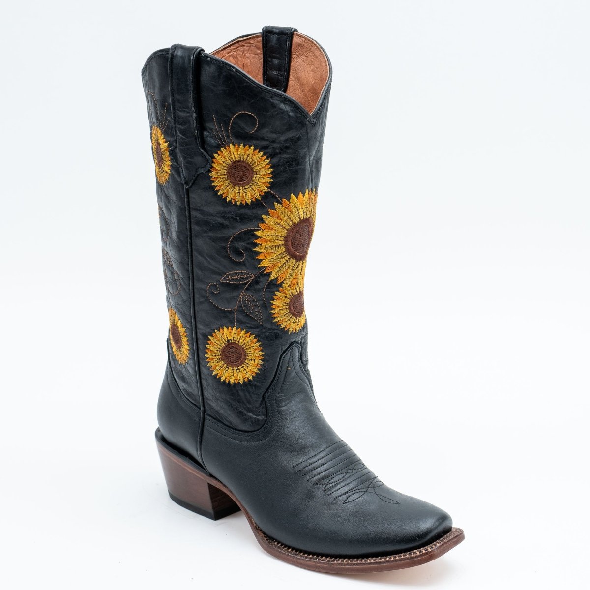 TANNER MARK WOMEN’S Galveston Vintage Black Cowgirl Boots Whit Sunflower Embroidery Top - Rancho Sementalvariable