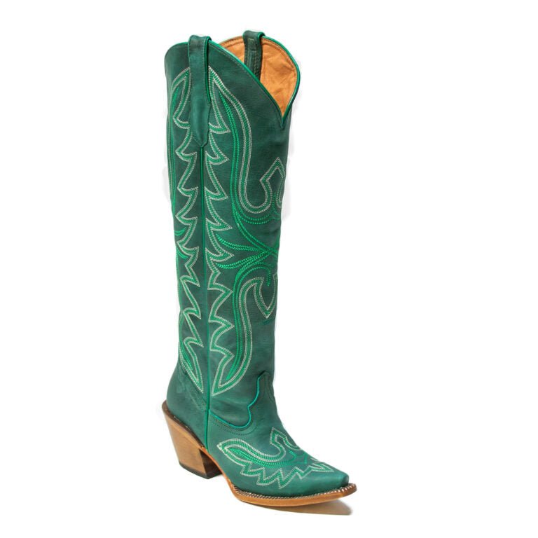 TANNER MARK WOMEN’S Hadley Crackle Green Fashion Heel Knee High Cowgirl Boots - Rancho Sementalvariable