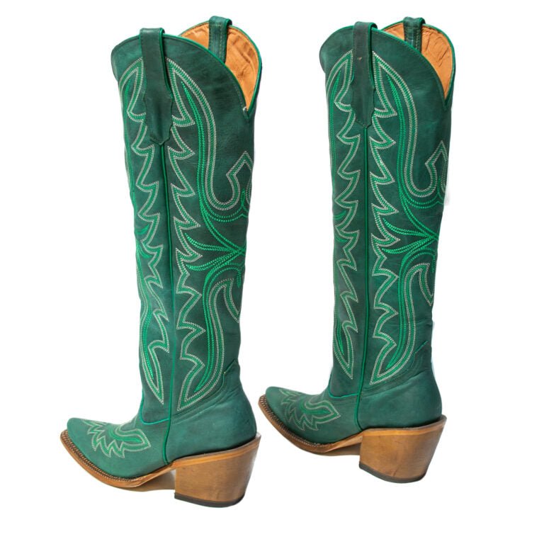 TANNER MARK WOMEN’S Hadley Crackle Green Fashion Heel Knee High Cowgirl Boots - Rancho Sementalvariable