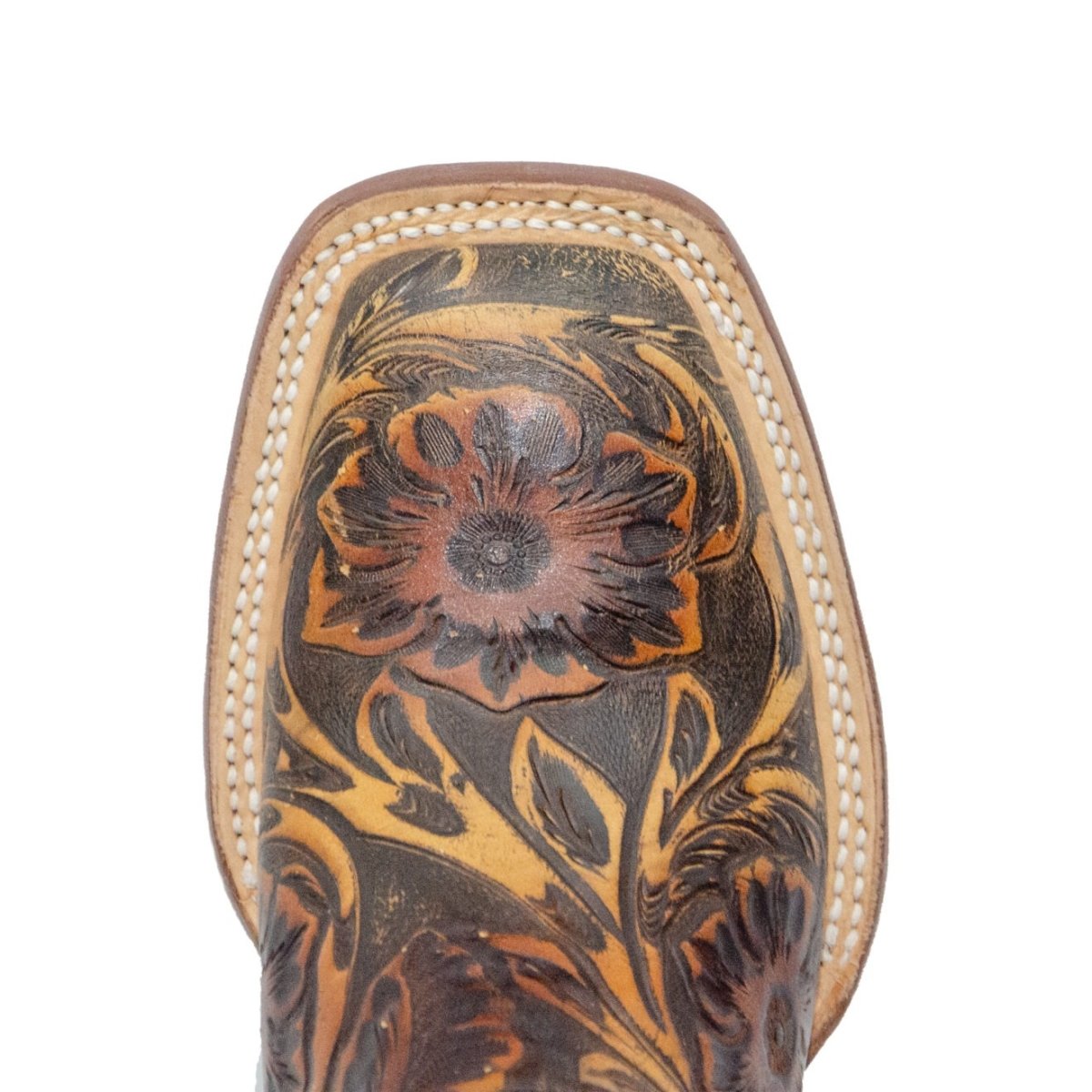 TANNER MARK WOMEN’S Hand Tool Jungle Orix - Cognac Cowgirl Boots With Volcano Blue Top - Rancho Sementalvariable