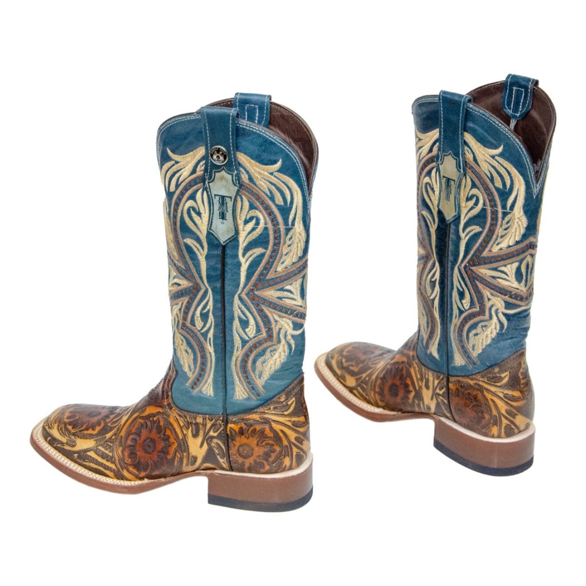 TANNER MARK WOMEN’S Hand Tool Jungle Orix - Cognac Cowgirl Boots With Volcano Blue Top - Rancho Sementalvariable
