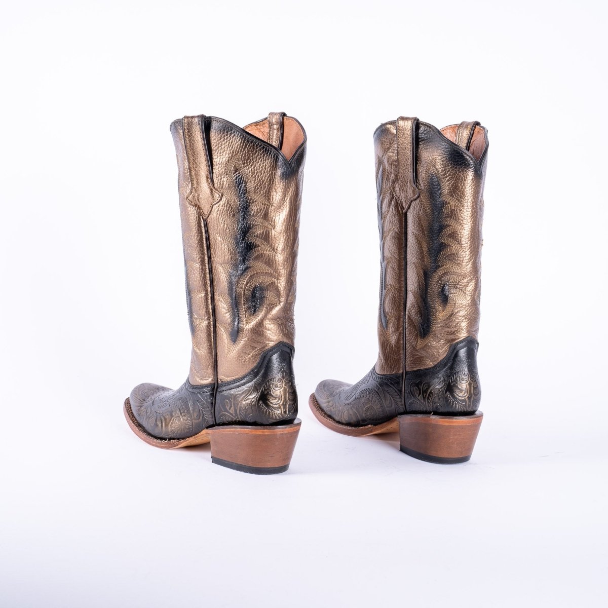 TANNER MARK WOMEN’S Handtooled Print Gold Cowgirl Boots With Burnished Gold Top - Rancho Sementalvariable
