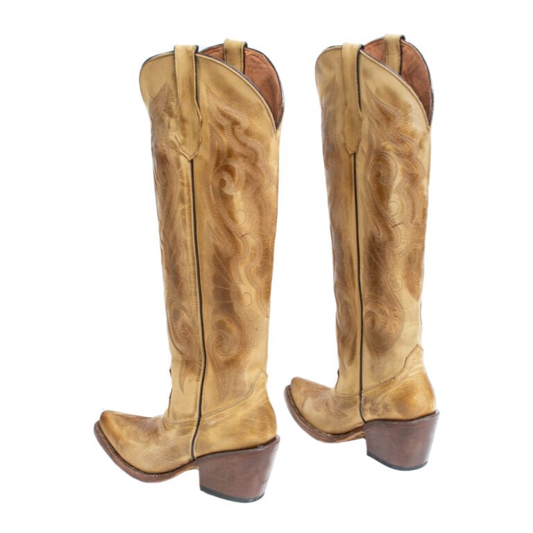 TANNER MARK WOMEN’S Hazel Burnished Sand Fashion Heel Knee High Cowgirl Boots - Rancho Sementalvariable