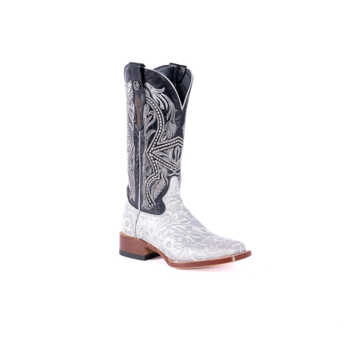 TANNER MARK WOMEN’S Jungle Handtooled White & Silver Cowgirl Boots With Volcano Black Top - Rancho Sementalvariable