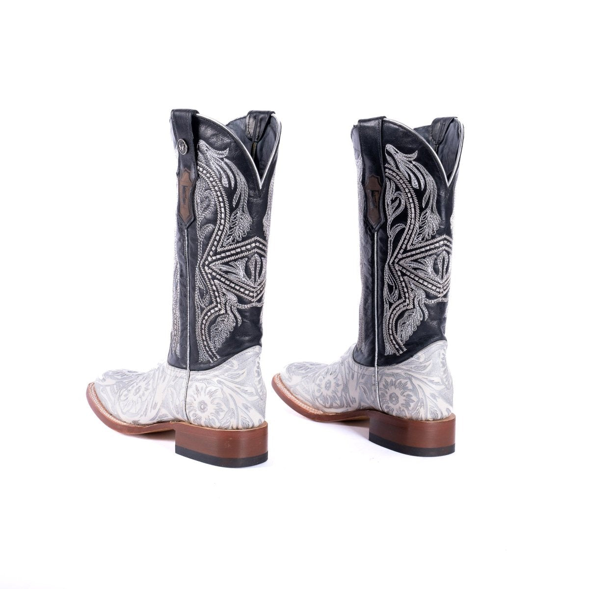 TANNER MARK WOMEN’S Jungle Handtooled White & Silver Cowgirl Boots With Volcano Black Top - Rancho Sementalvariable