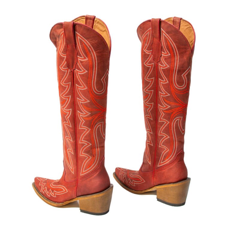 TANNER MARK WOMEN’S Kendra Crackle Red Fashion Heel Knee High Cowgirl Boots - Rancho Sementalvariable