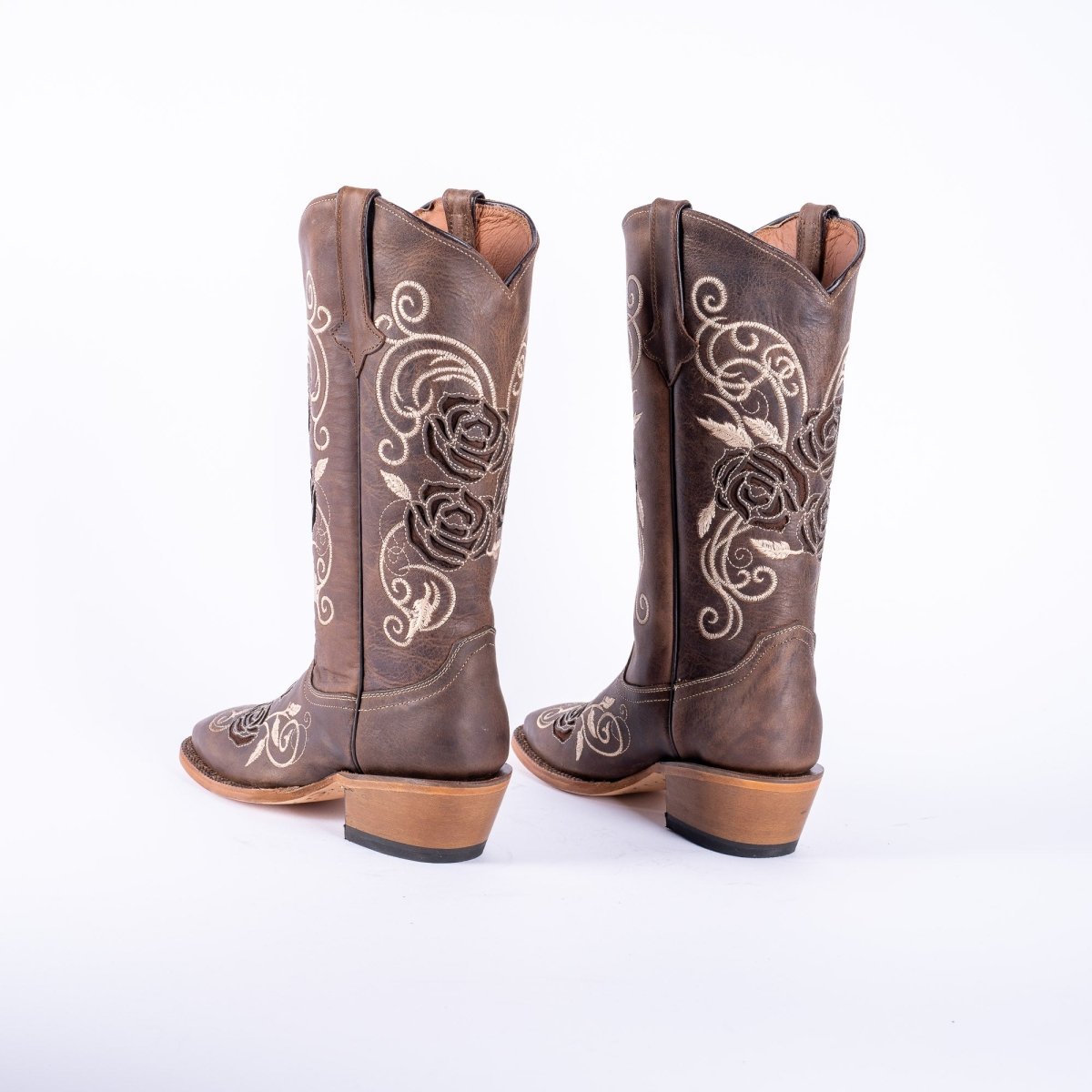 TANNER MARK WOMEN’S Nobuck Choco Cowgirl Boots With Triple Rose Inlay Top - Rancho Sementalvariable