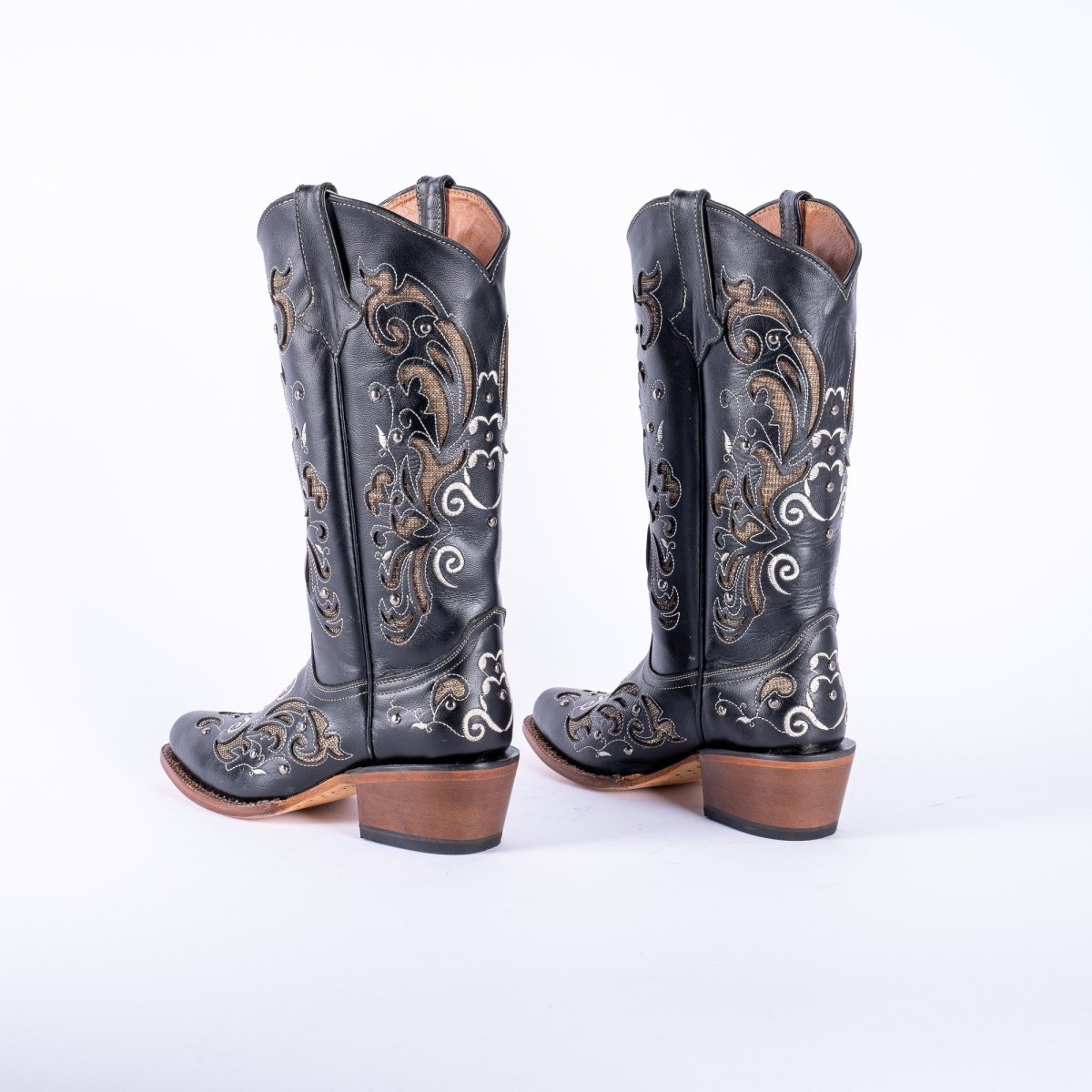 TANNER MARK WOMEN’S Venice Black Classic Black Cowgirl Boots With Gold Sparkle Inlay Top - Rancho Sementalvariable